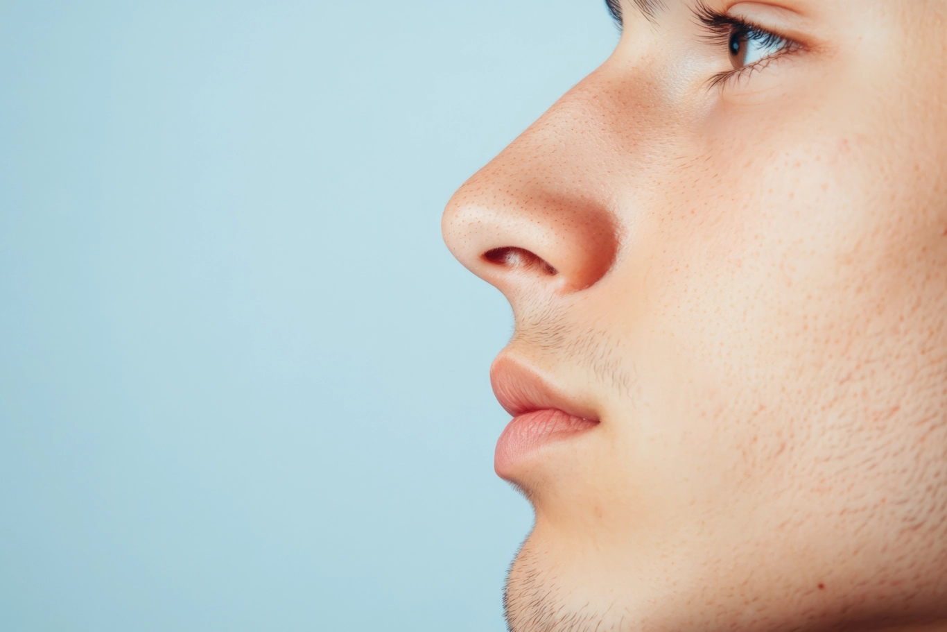 male facial rejuvenation natural result Side profile of a young man's face with clear skin, focusing on facelift